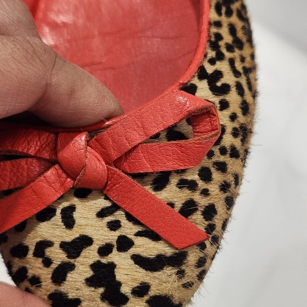 Zara Woman Animal Print Leather Ballet Flats Shoes Coral Red Bow US6.5/EU37
